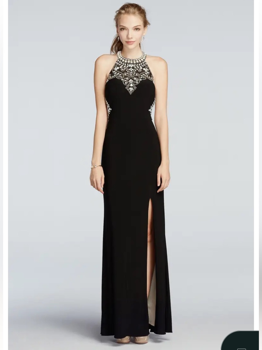 NWT• David's Bridal Black Rhinestone Halter Open Back Prom Gown 6 Glam